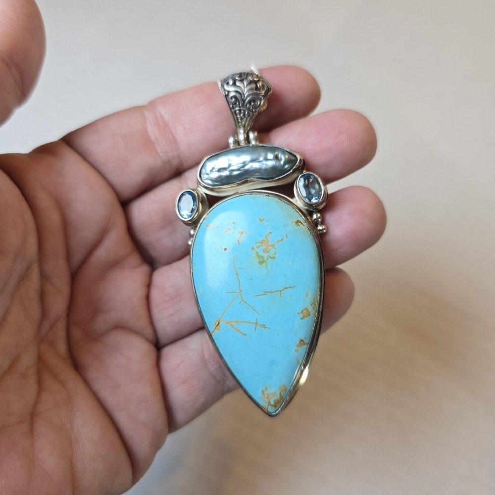 Vintageβ 925 Sterling Silver Pendant Signed AF Design Turquoise, Blister Pearl
